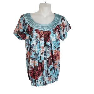 American Rag Cie Women Blouse Top Small Multi Floral Elastic Hem Pullover Keyhol